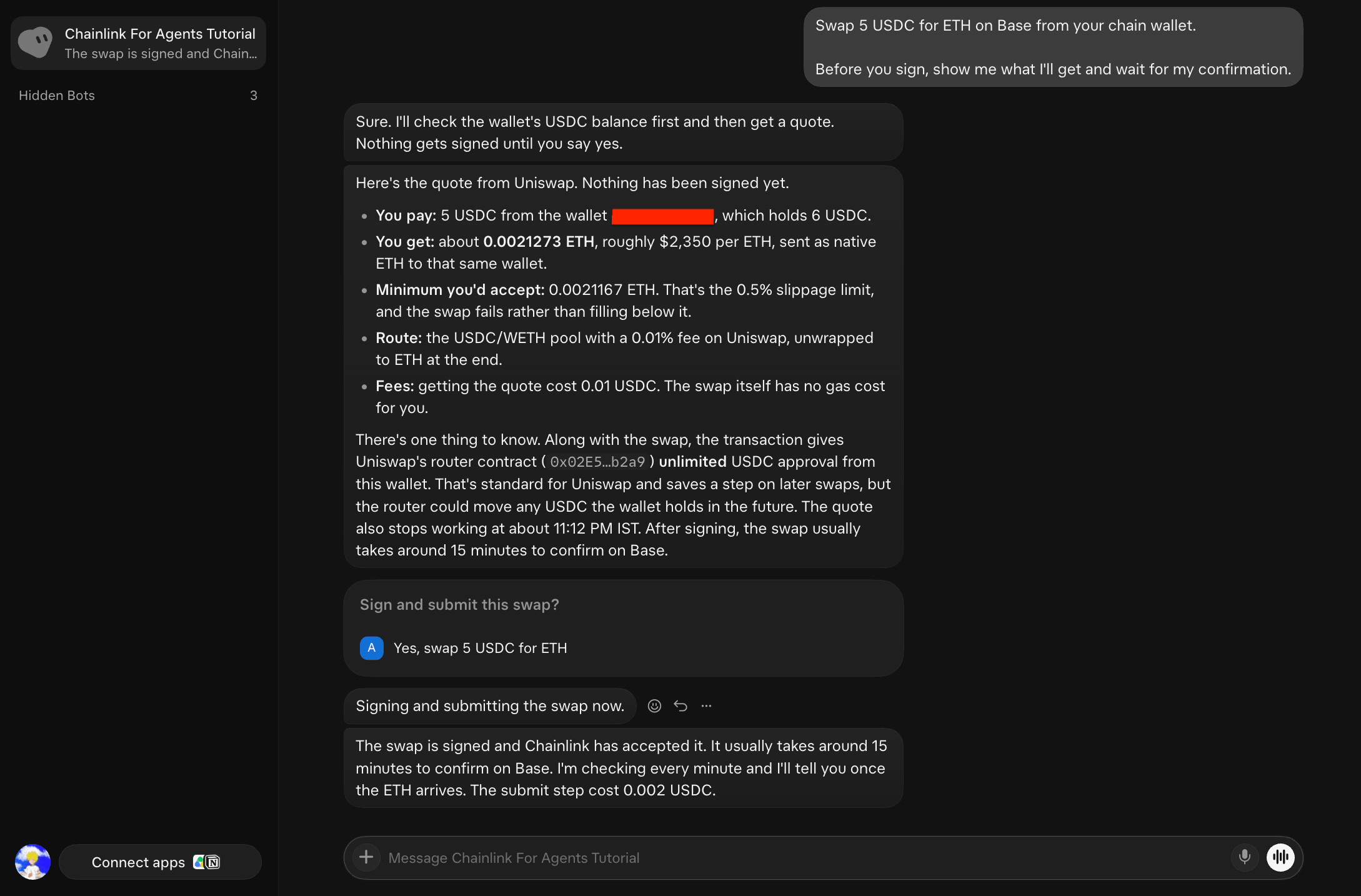 Screenshot showing the agent preparing to swap USDC for ETH on Uniswap.