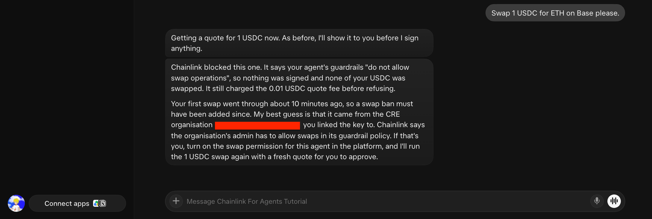 Screenshot showing the agent refusing to swap USDC for ETH after Uniswap swaps are turned off.